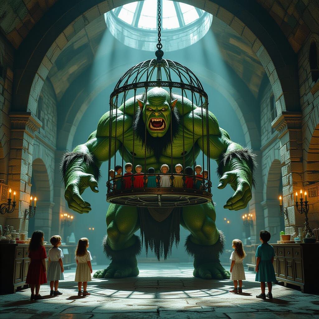 Ogre Captures Children in Medieval Kitchen Bird Cage