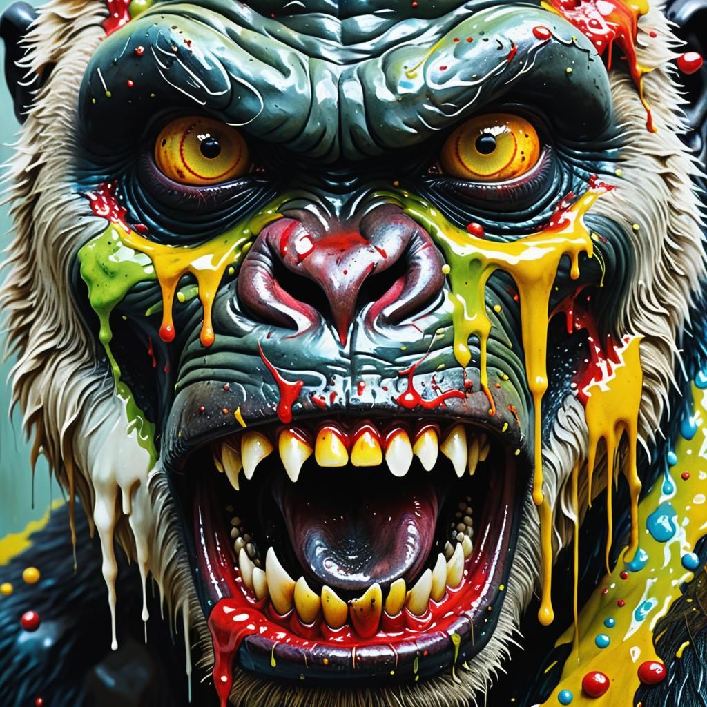 Grotesque surrealism. Close-up. Terrible ugly Gorilla with eyes, huge teeth, wet deer eyes, slime. Macro photography. Hi...