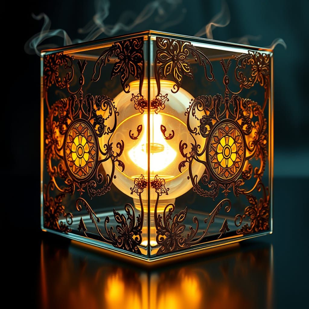 Glowing Glass Cube with Bronze Overlays