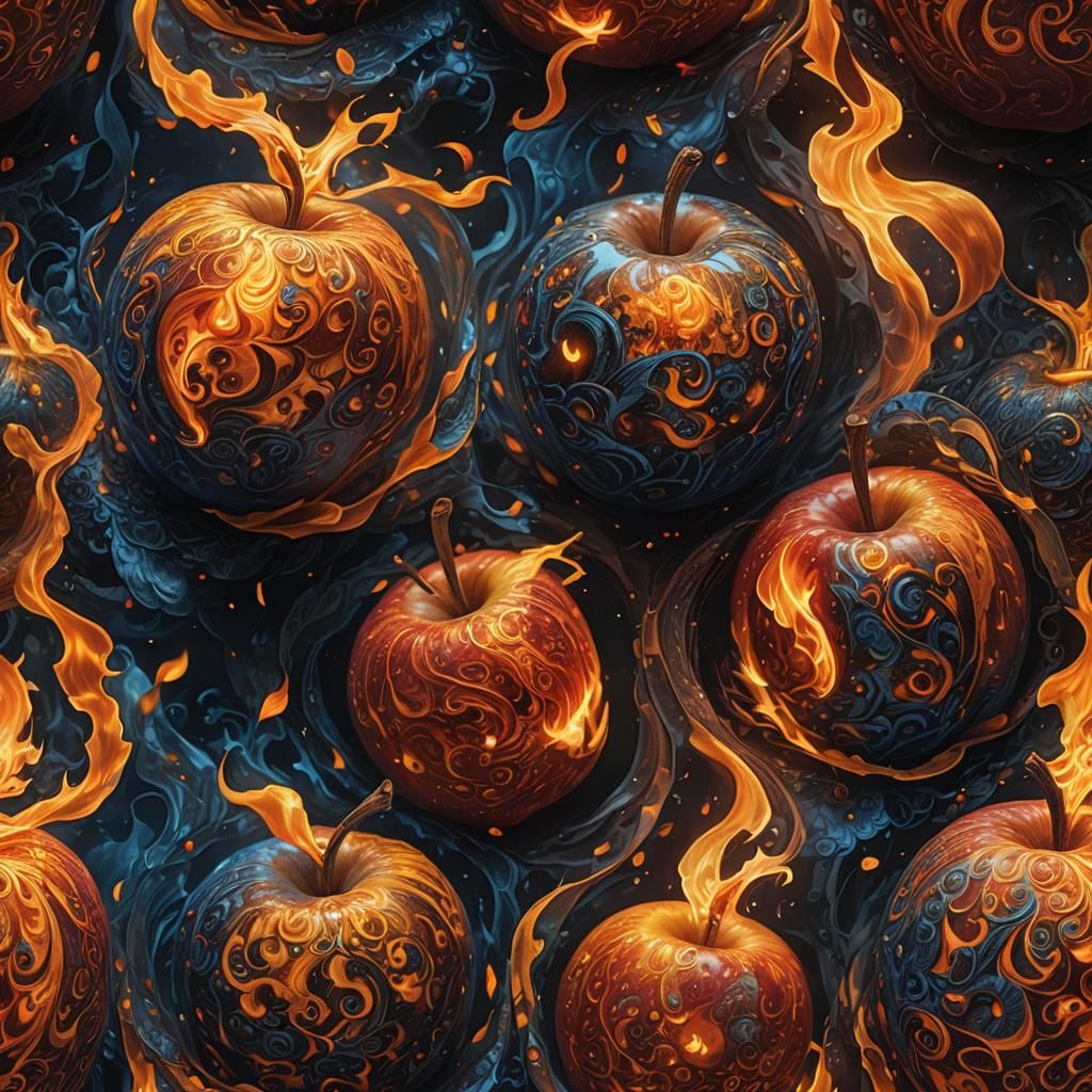 Surreal Close-up of a Fire Apple in Intricate Patterns and W...