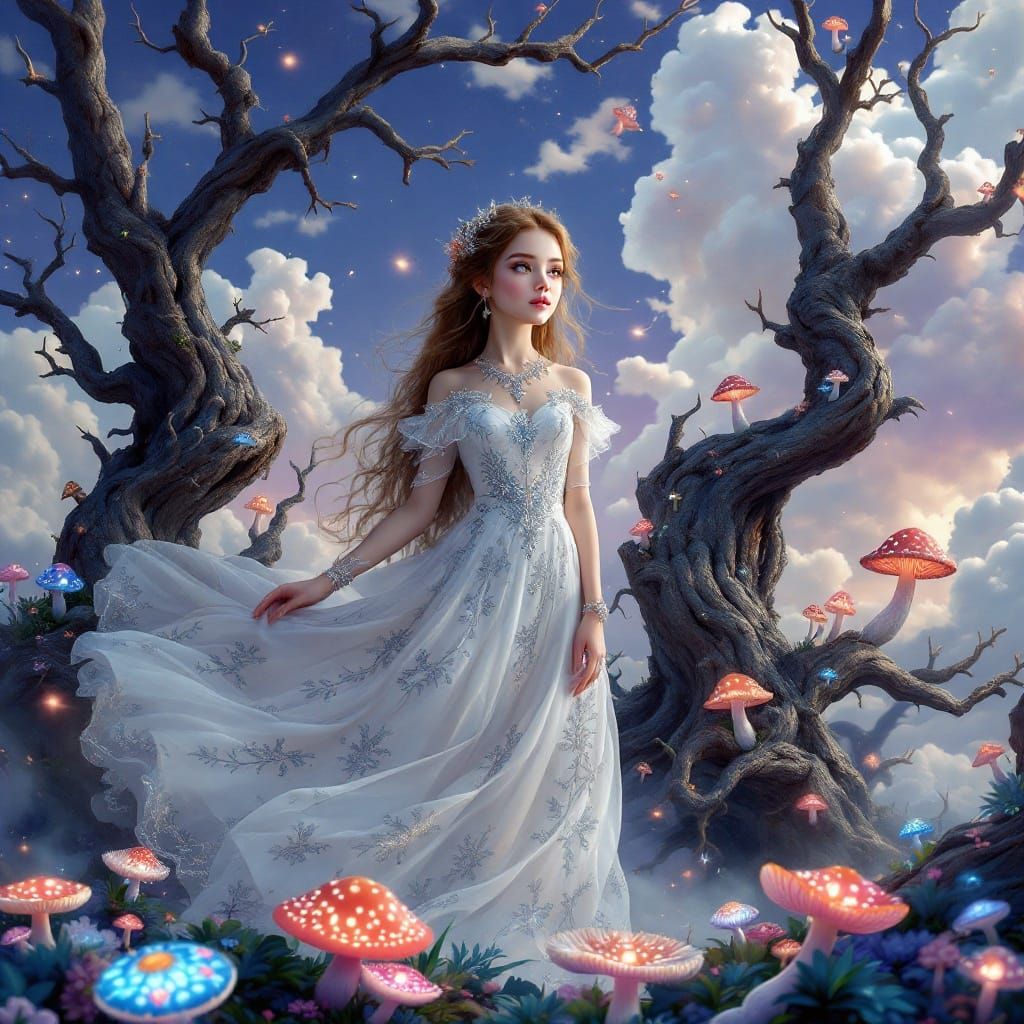 Girl in Dreamlike Forest Landscape with Whimsical Details an...