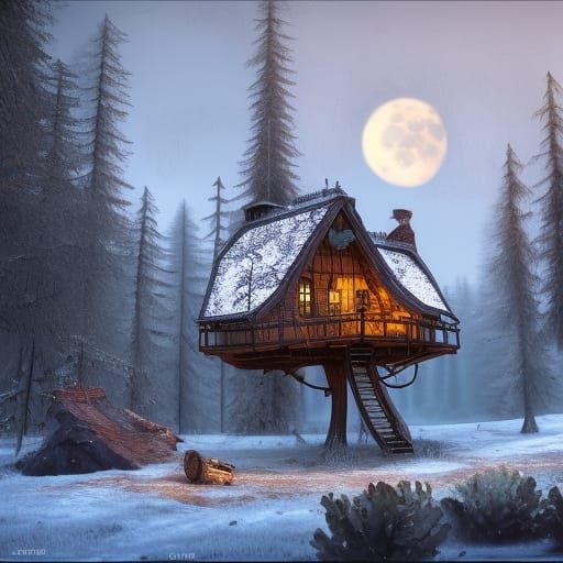 Steampunk Treehouse in Winter Woods Under Full Moon