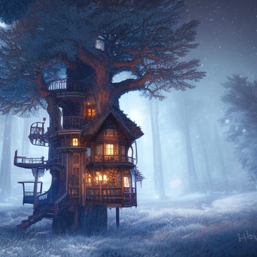 Mystical Steampunk Treehouse Under Full Moonlit Winter Skies
