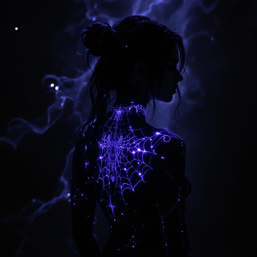 Gothic Woman Silhouette with Glowing Spider Tattoos