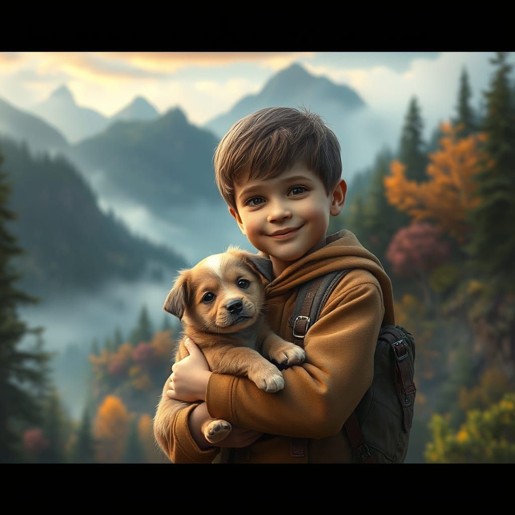Young Boy Cradles Playful Puppy in Vibrant, Dreamlike Landsc...