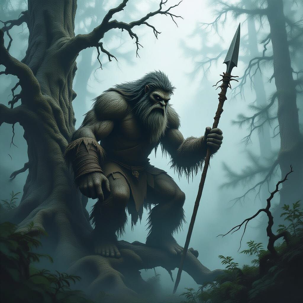 Bigfoot in Misty Forest with Spear, Sinister Style