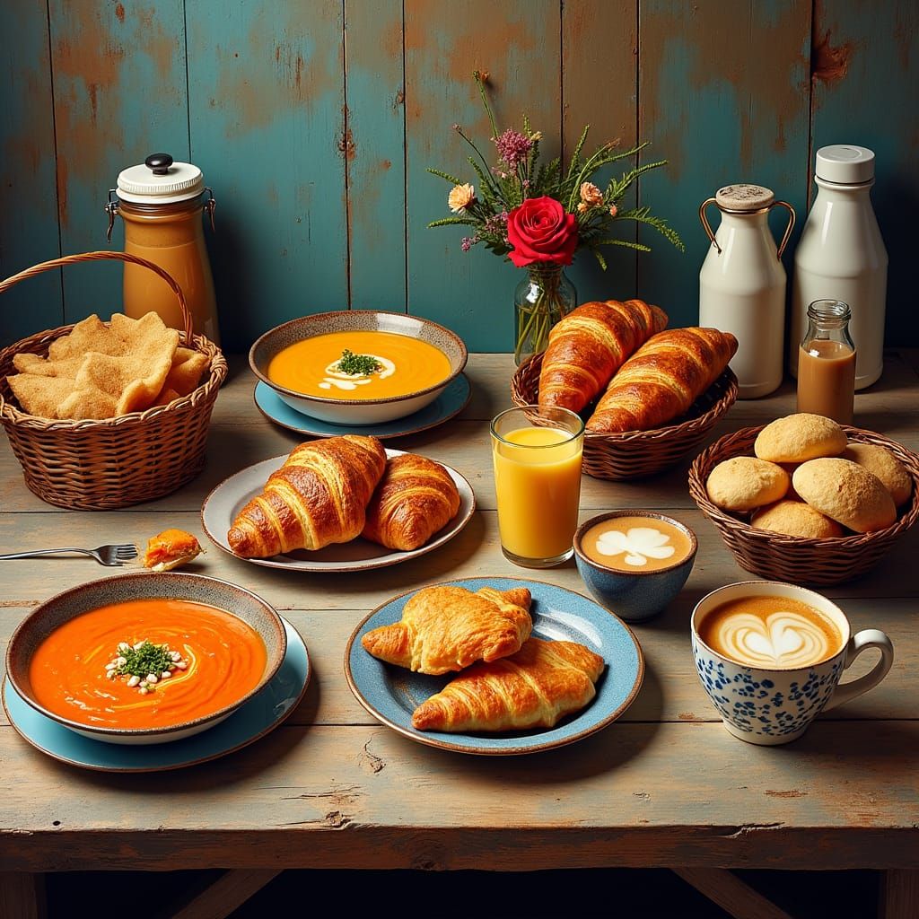 Vibrant International Breakfast Still Life in Rustic Style