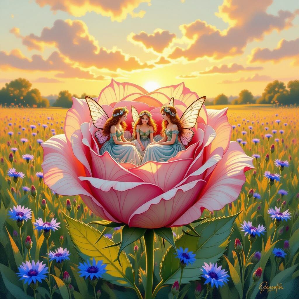 Fairy Village Inside Dewy Rose in Gouache Style