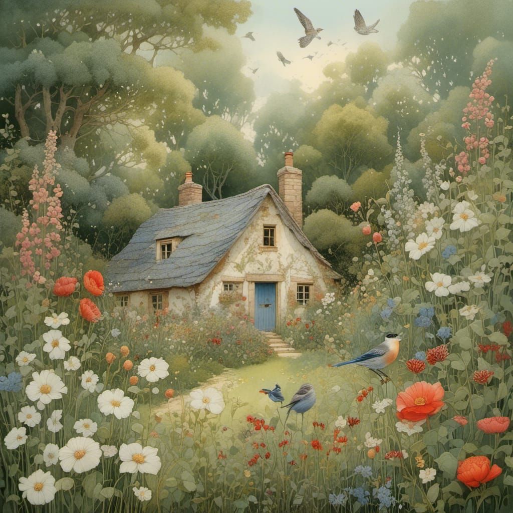 Dreamy Cottage Garden Scene in Hyperrealistic Style