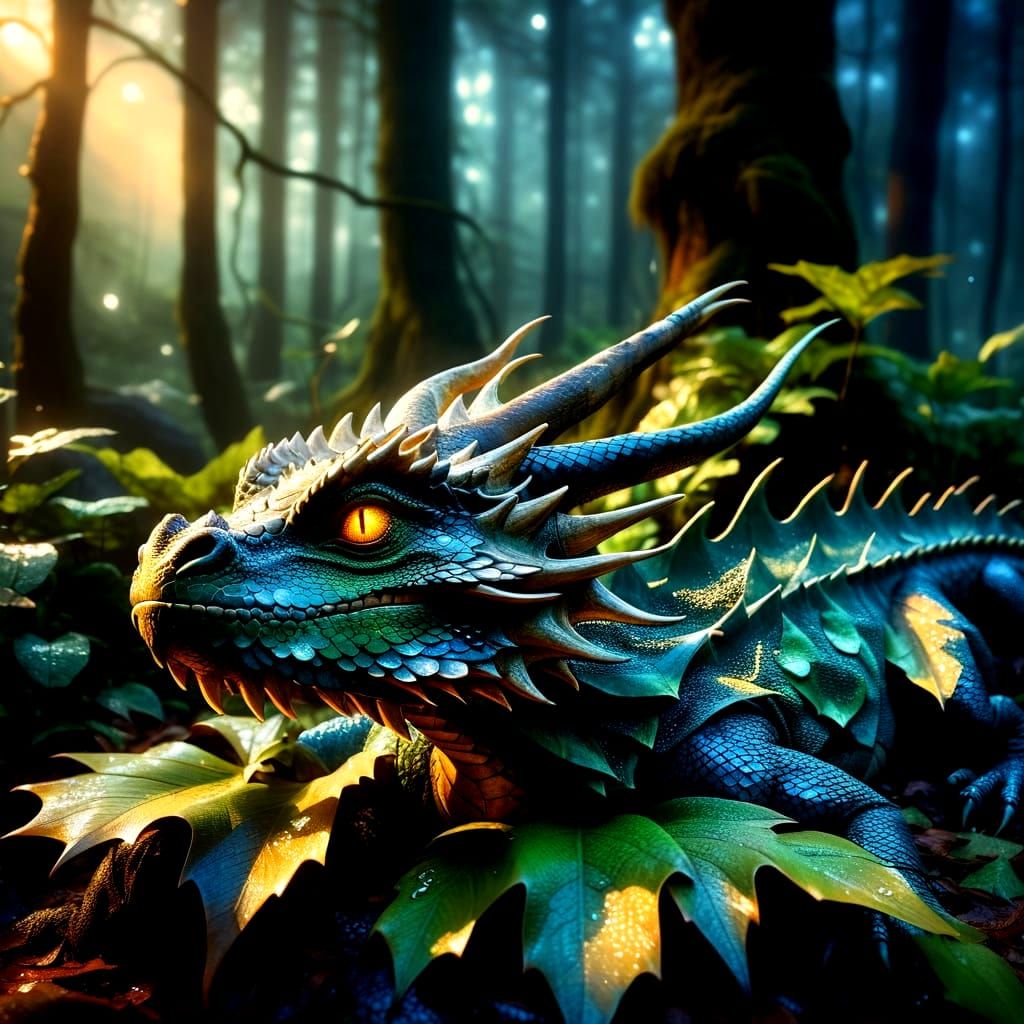 Cute Dragon in Misty Forest, Digital Art