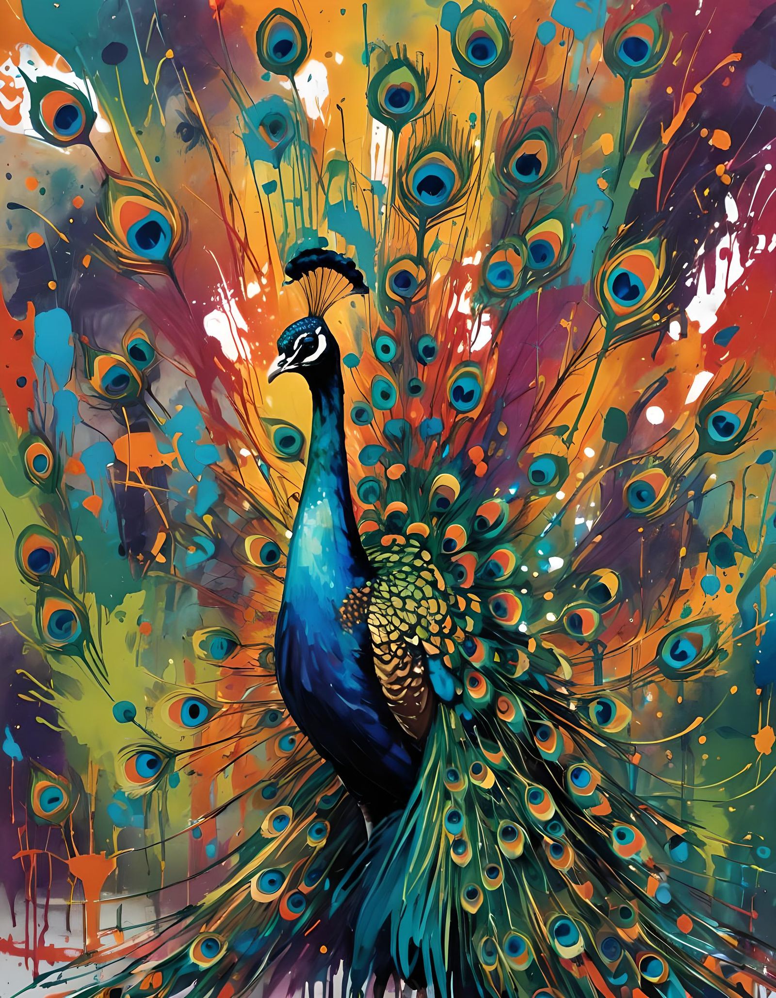 Vibrant Abstract Expressionist Peacock Painting
