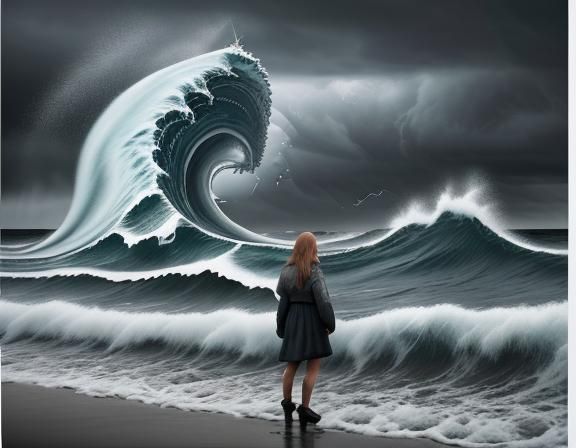 a sad woman standing on a shore watching a fishing boat in a great storm with giant waves, the sky is dark and cloudy, w...