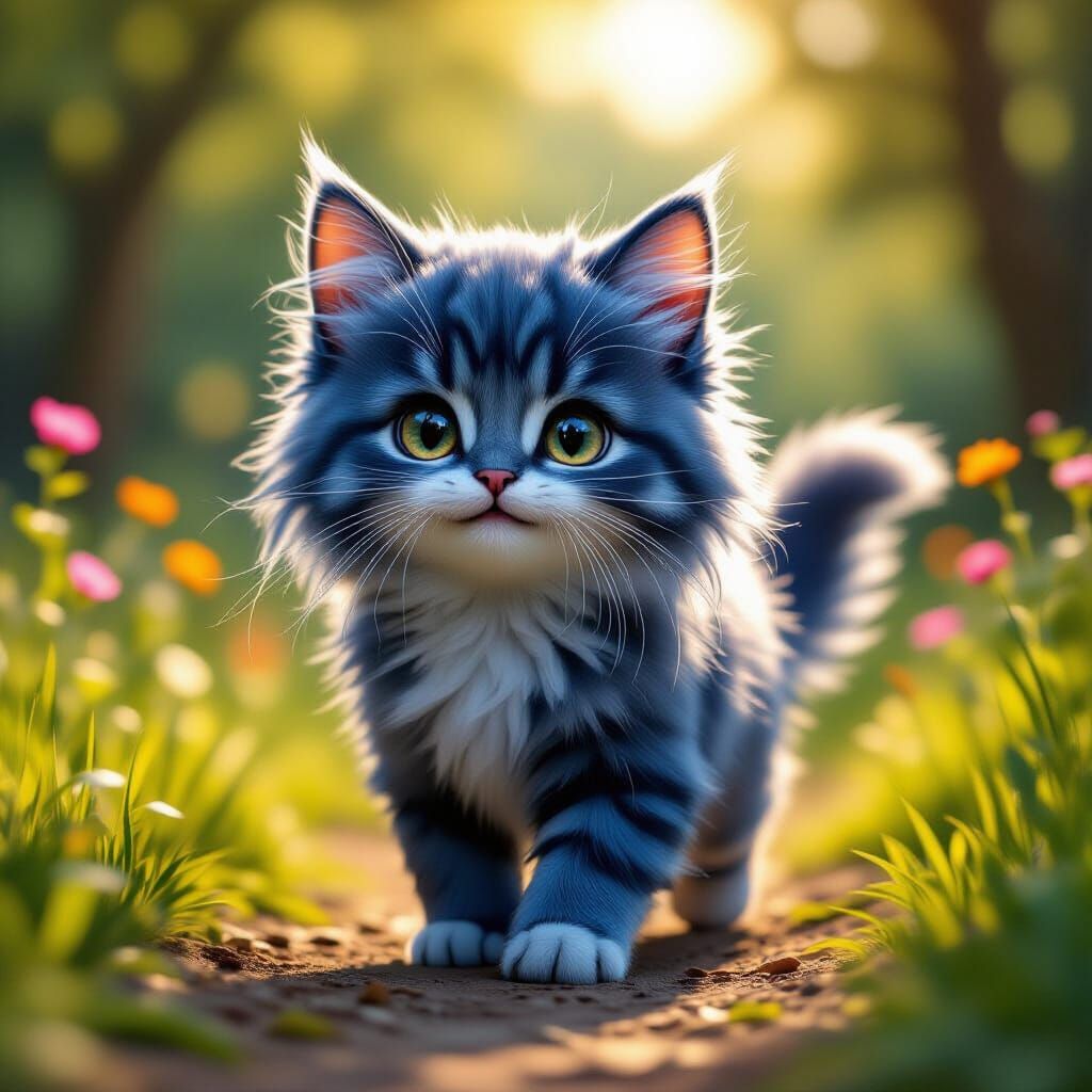 Chibi Cat Portrait in Sunlit Nature Park