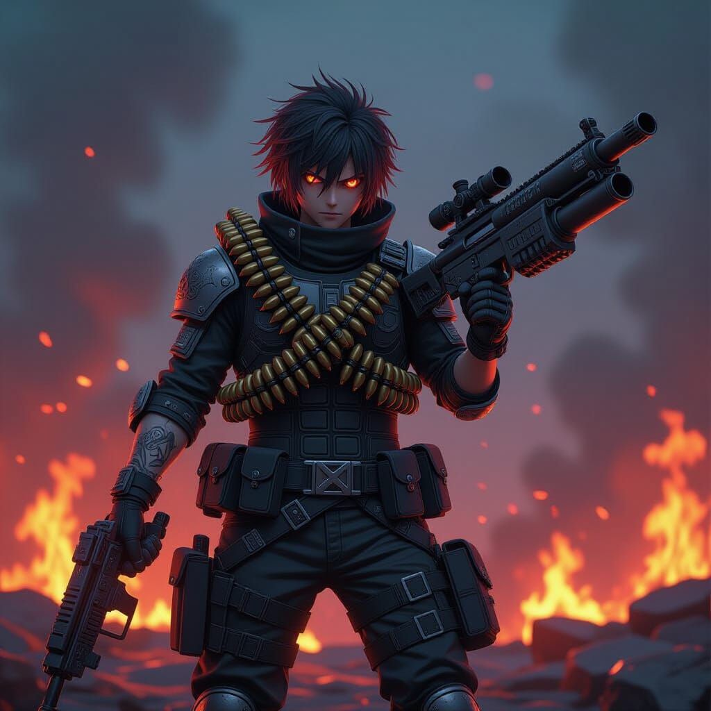 Anime Warrior in Burning Landscape, Gritty Fantasy