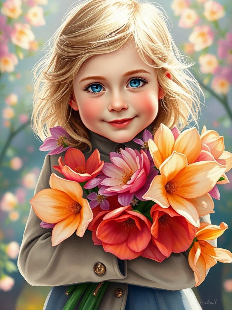 Joyful Blonde Girl with Vibrant Flowers in Impressionist Art...