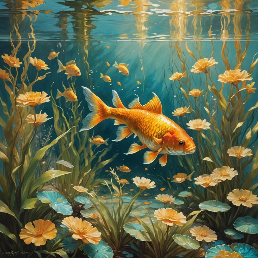 Impressionist Oil Painting of a Majestic Gold Fish in a Deco...