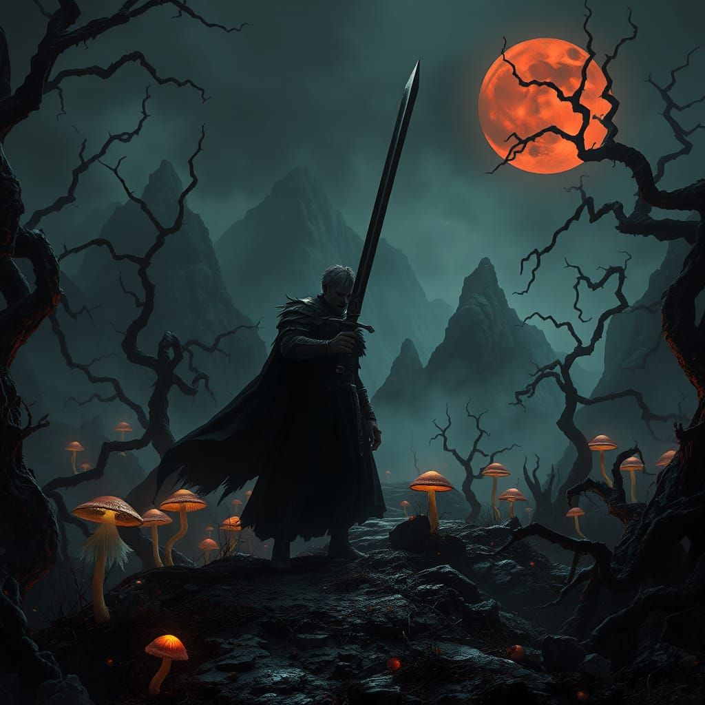 Heroic Dark Fantasy Realm with Gnarled Trees and Mist-Shroud...