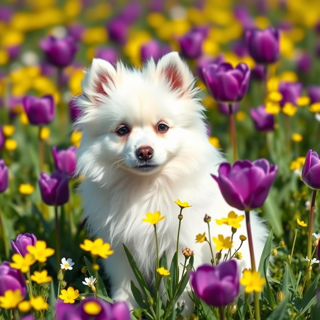 Fluffy Japanese Spitz Puppy in Vibrant Floral Meadow