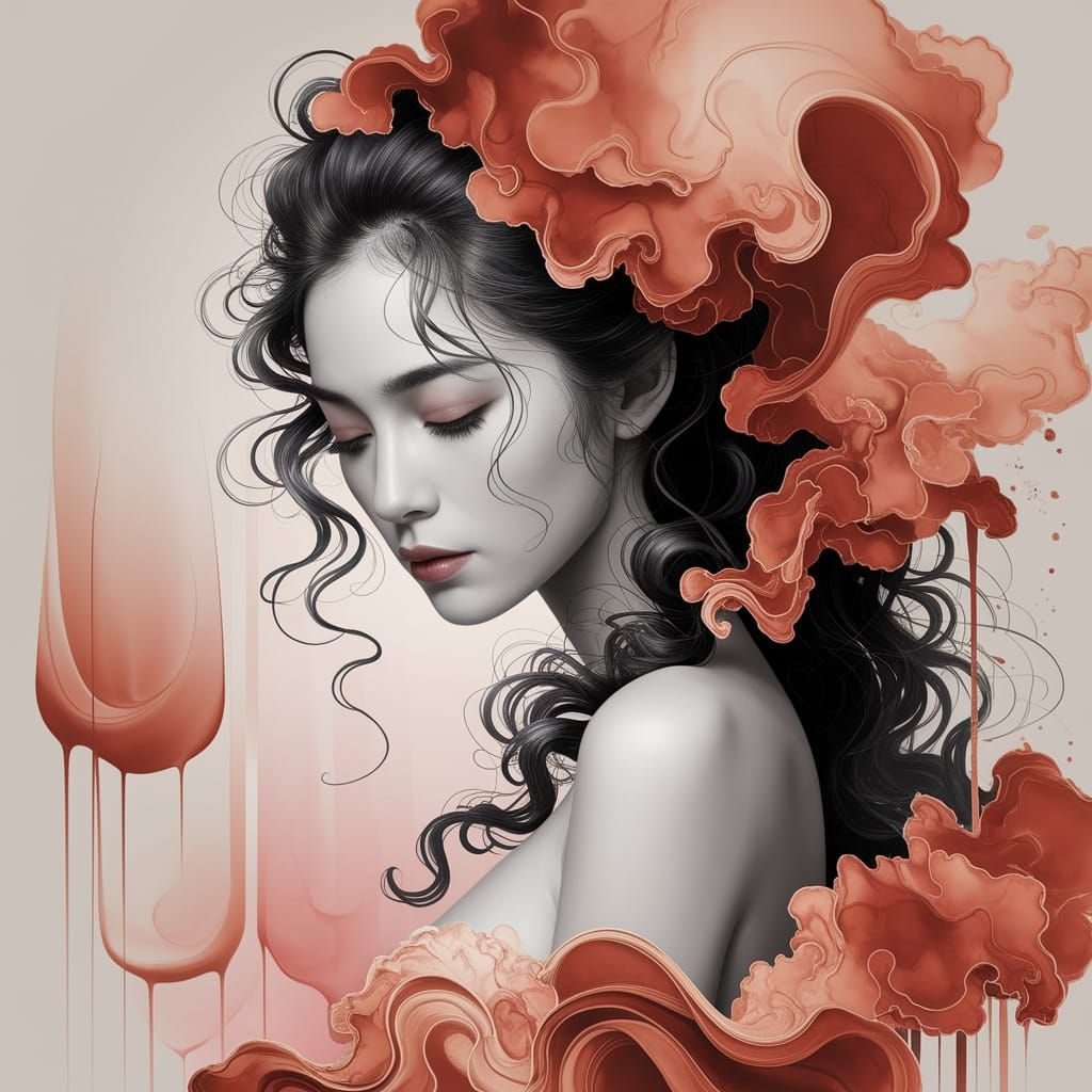 Contemplative Woman Portrait in Chinese Ink Style