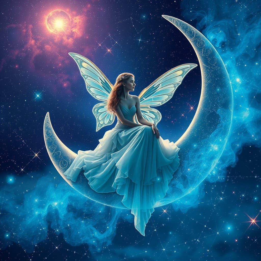 Fairy on Moon in Starry Night Sky