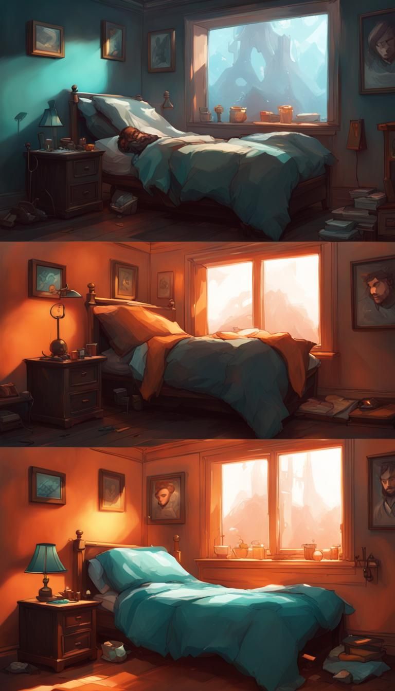 2 black chibi, female and male, sick in bed, blowing their noses, foggy outside their room window