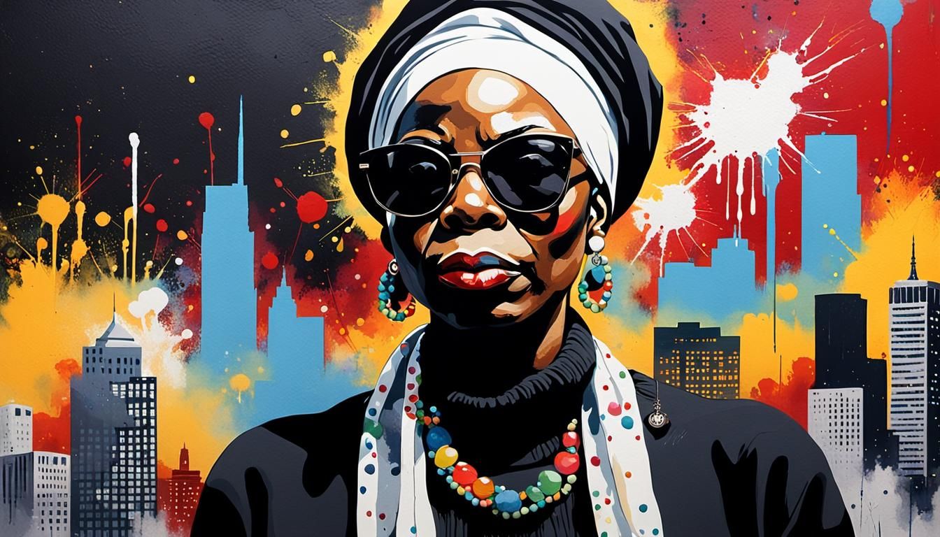 Nina Simone in Vibrant Abstract Art Style with Acrylic Paint...
