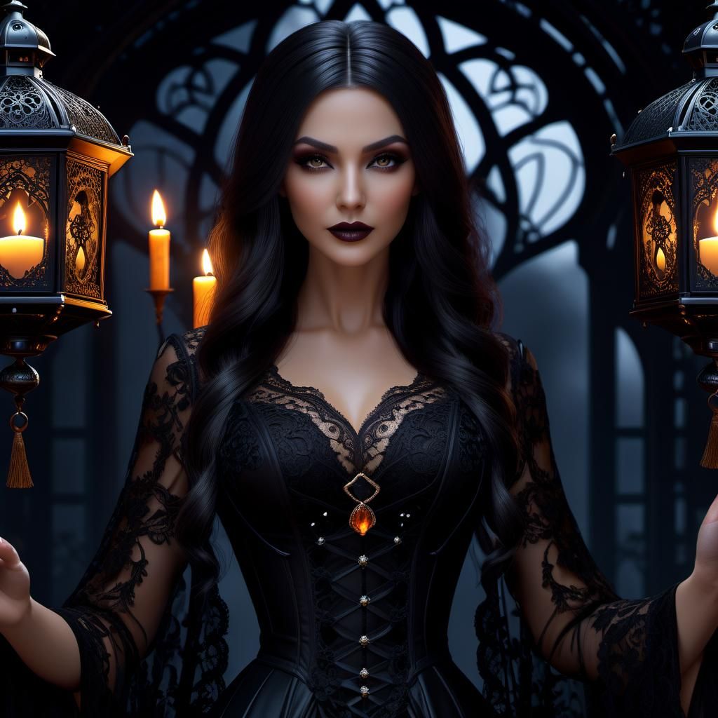 Gothic Enchantress in Black Lace and Candles