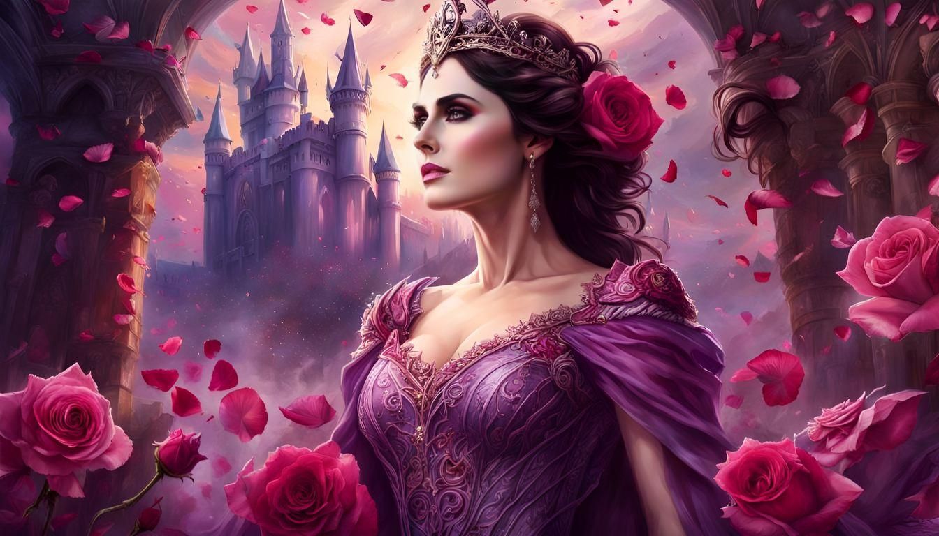 Fantasy Goddess in Lavender Castle with Rose Petals