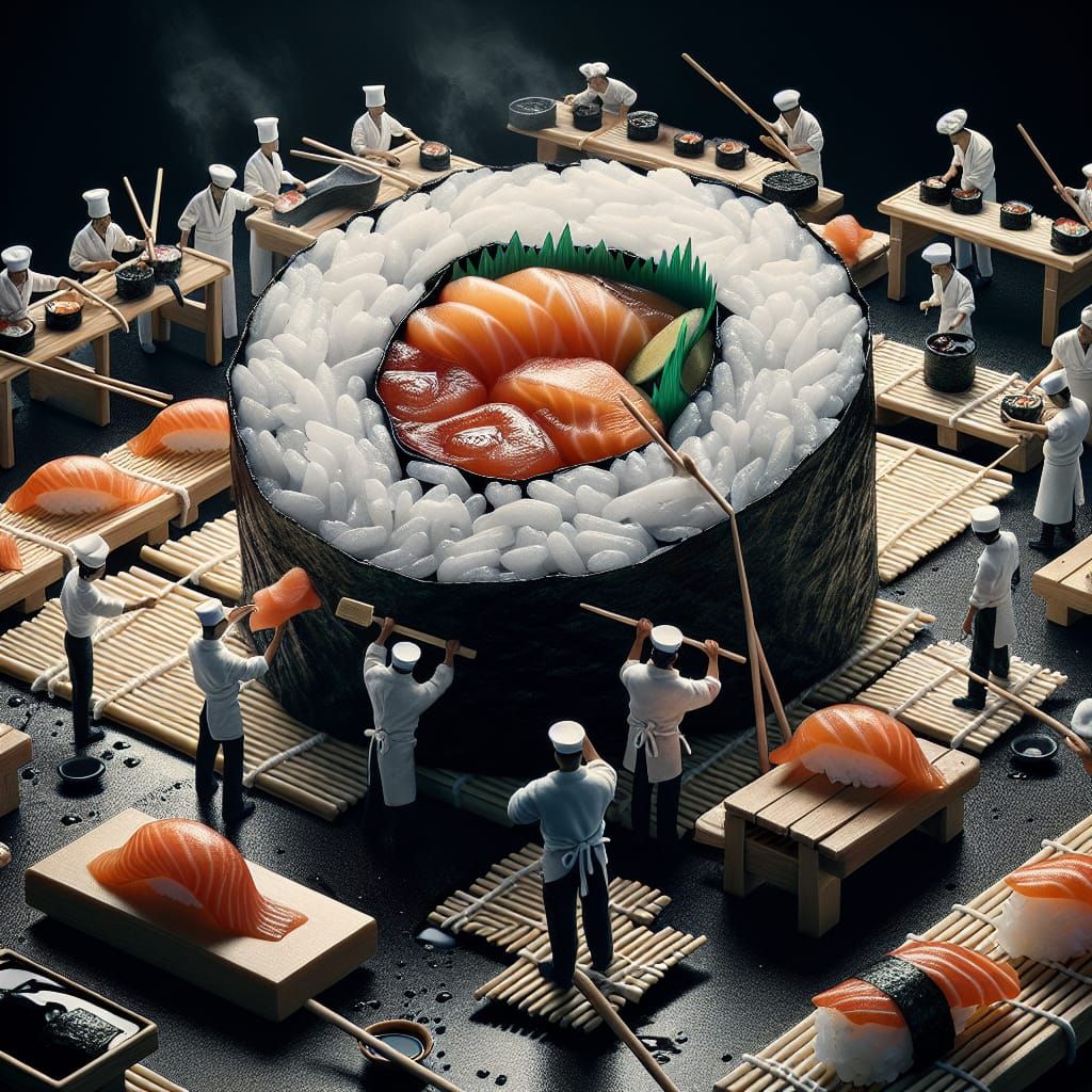 Giant Sushi Roll Assembled by Miniature Chefs in Macro Photo