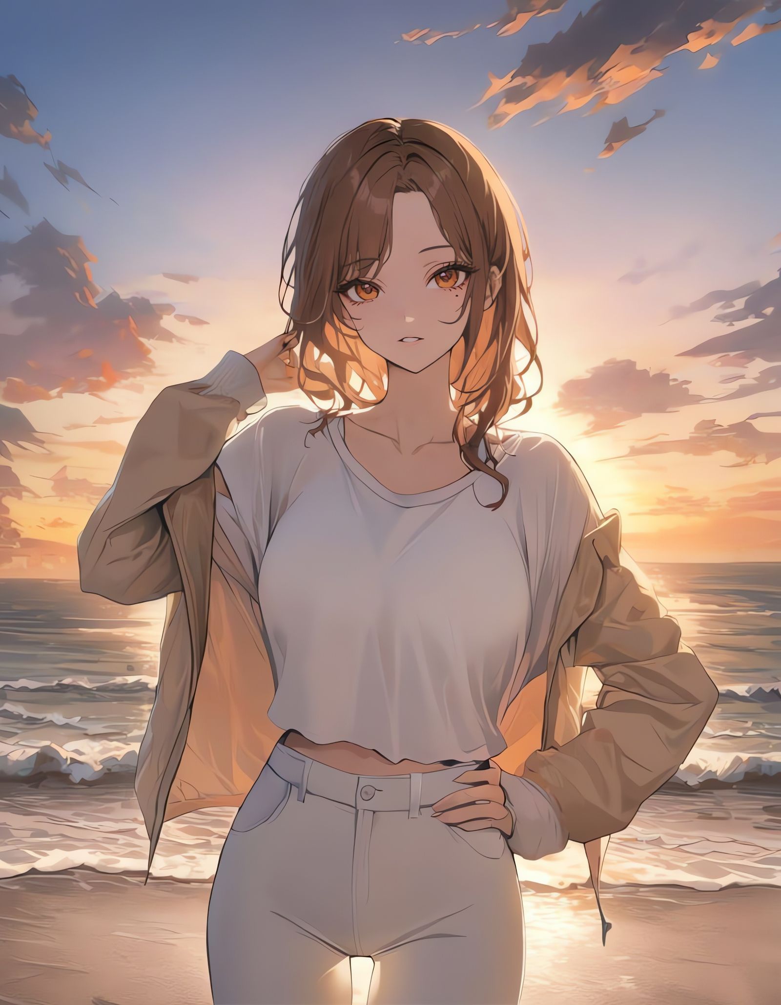 A Fiery Beauty Stands on a Sunset Beach