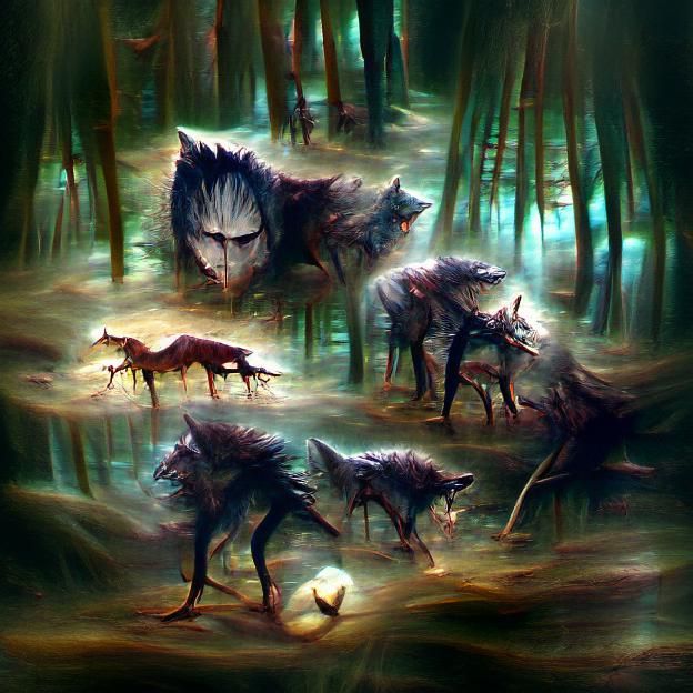 Moonlit Wolves Roam a Dark Forest in Dark Fantasy Style