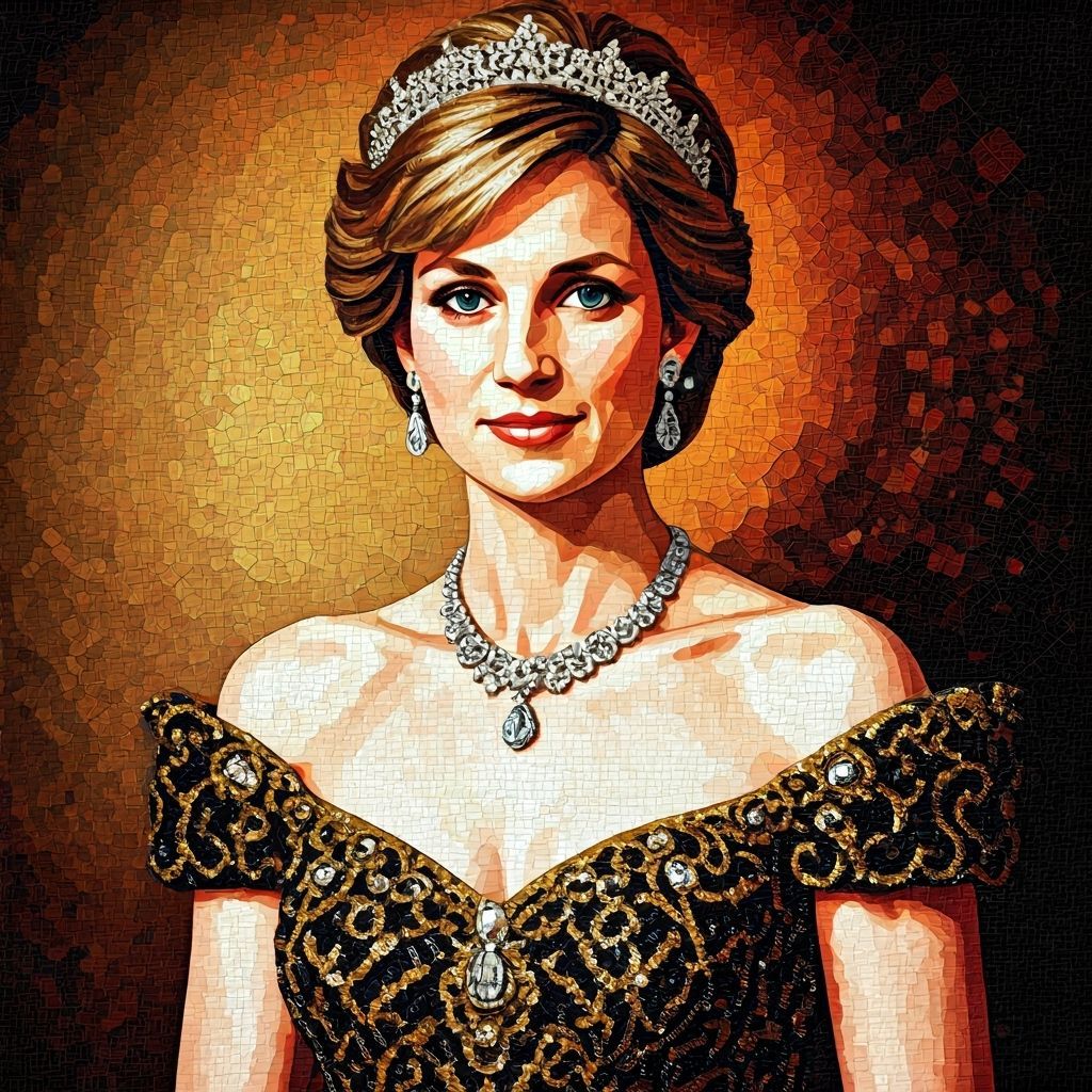 Princess Diana Mosaic Portrait in Black and Gold Gown
