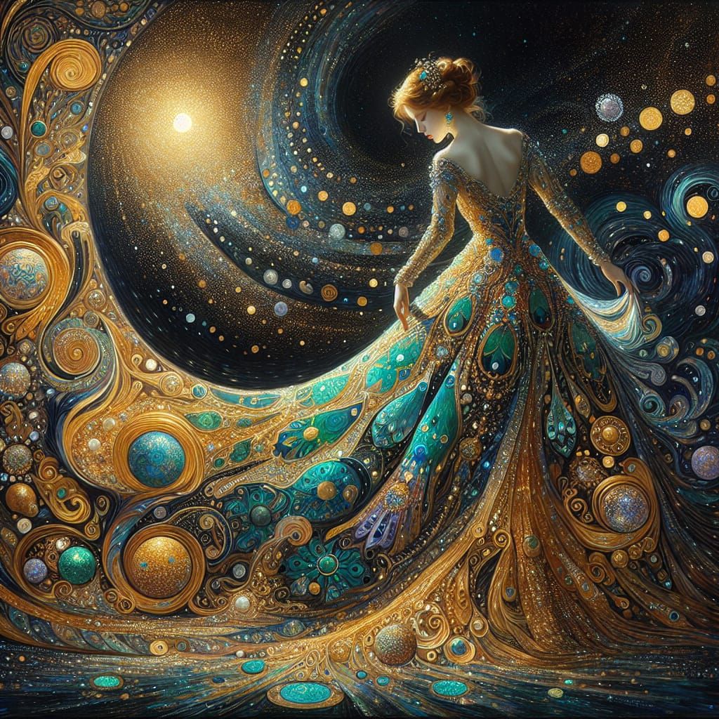 Elegant Woman in Turquoise and Gold Peacock Dress