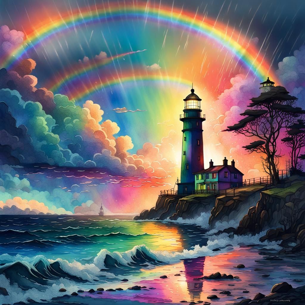 Stylish Rainbow Lighthouse Seascape at Sunset