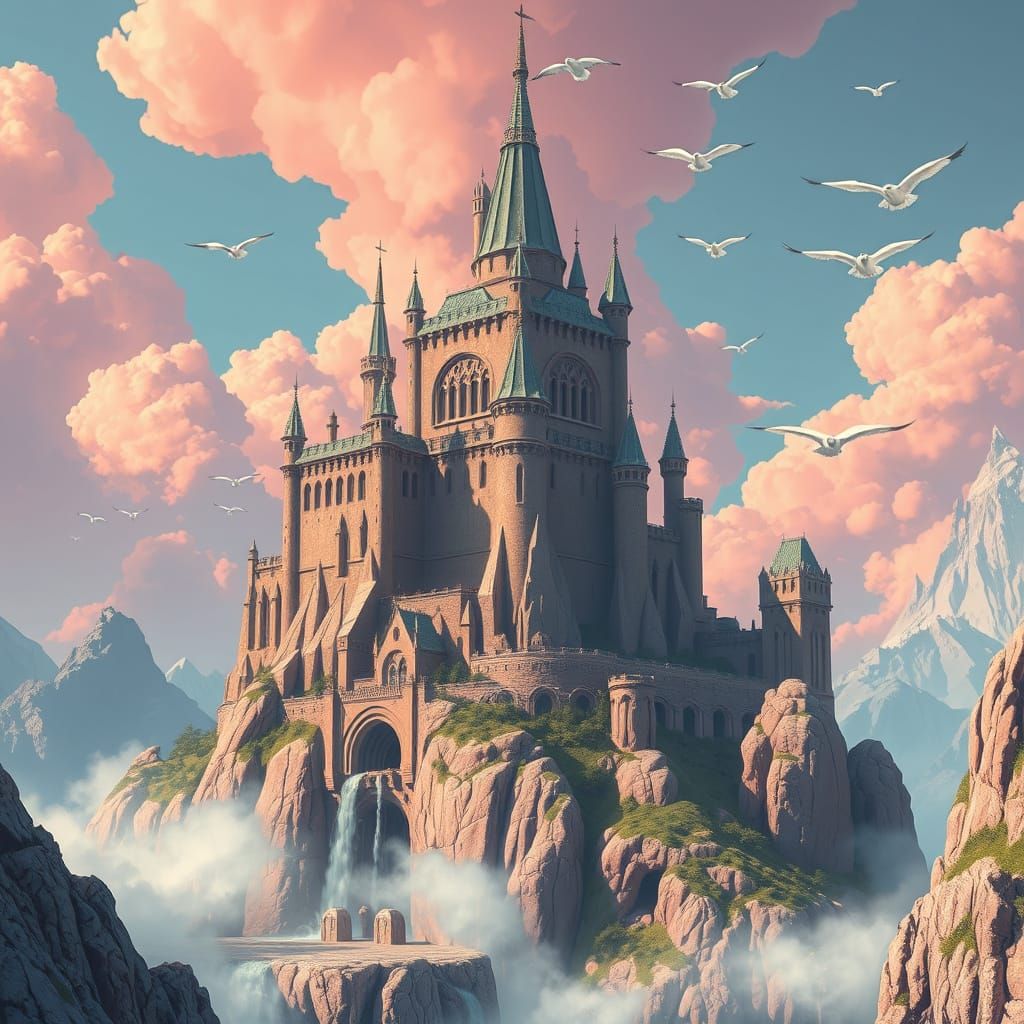 Fantastical Castle Rises Above Sunset Clouds in Dreamlike Fa...