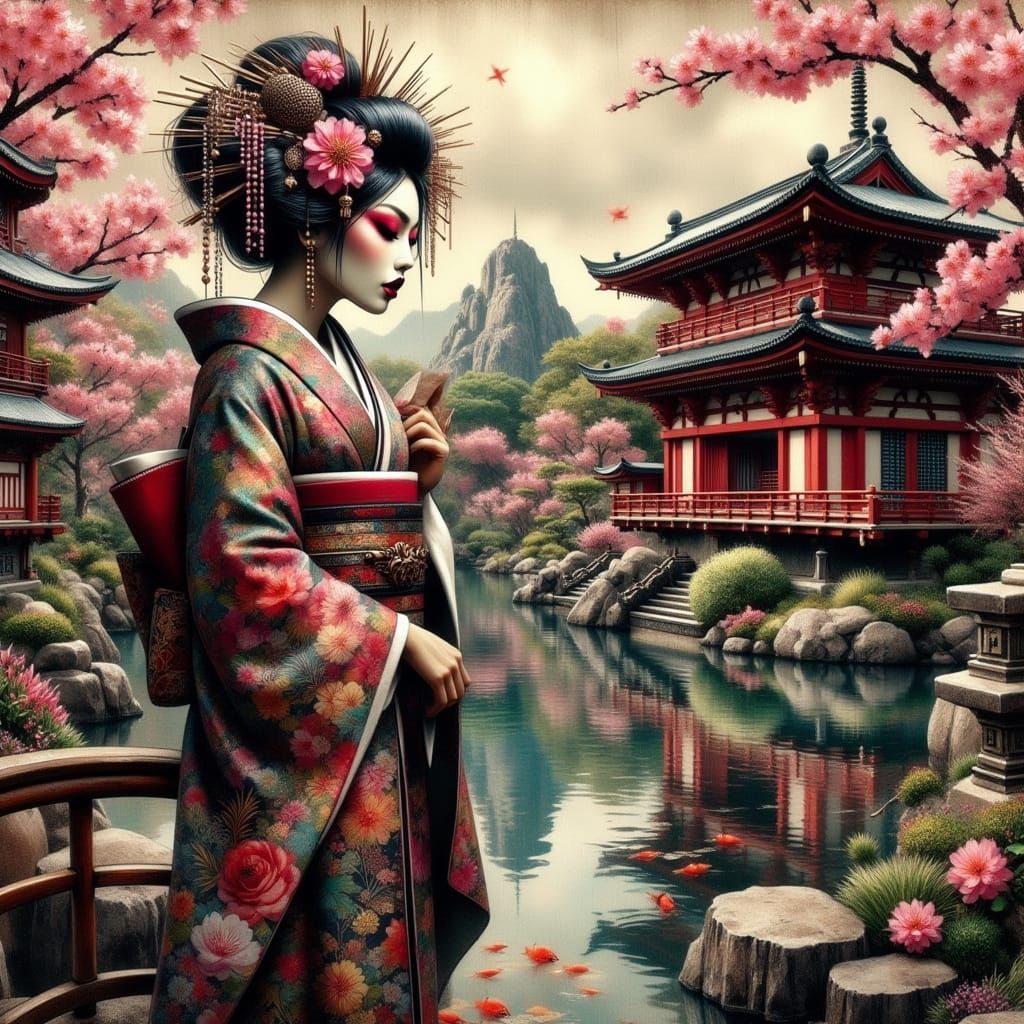 <lora:Extreme Geisha:1.0> Striking beautiful geisha standing on a wooden bridge in front of a pagoda looking down on the...