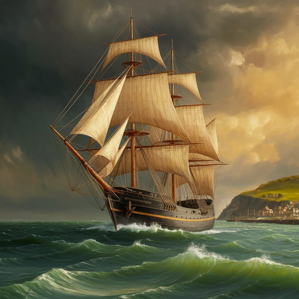 Majestic Clipper Ship Arrives in Harbor Amidst Stormy Seas