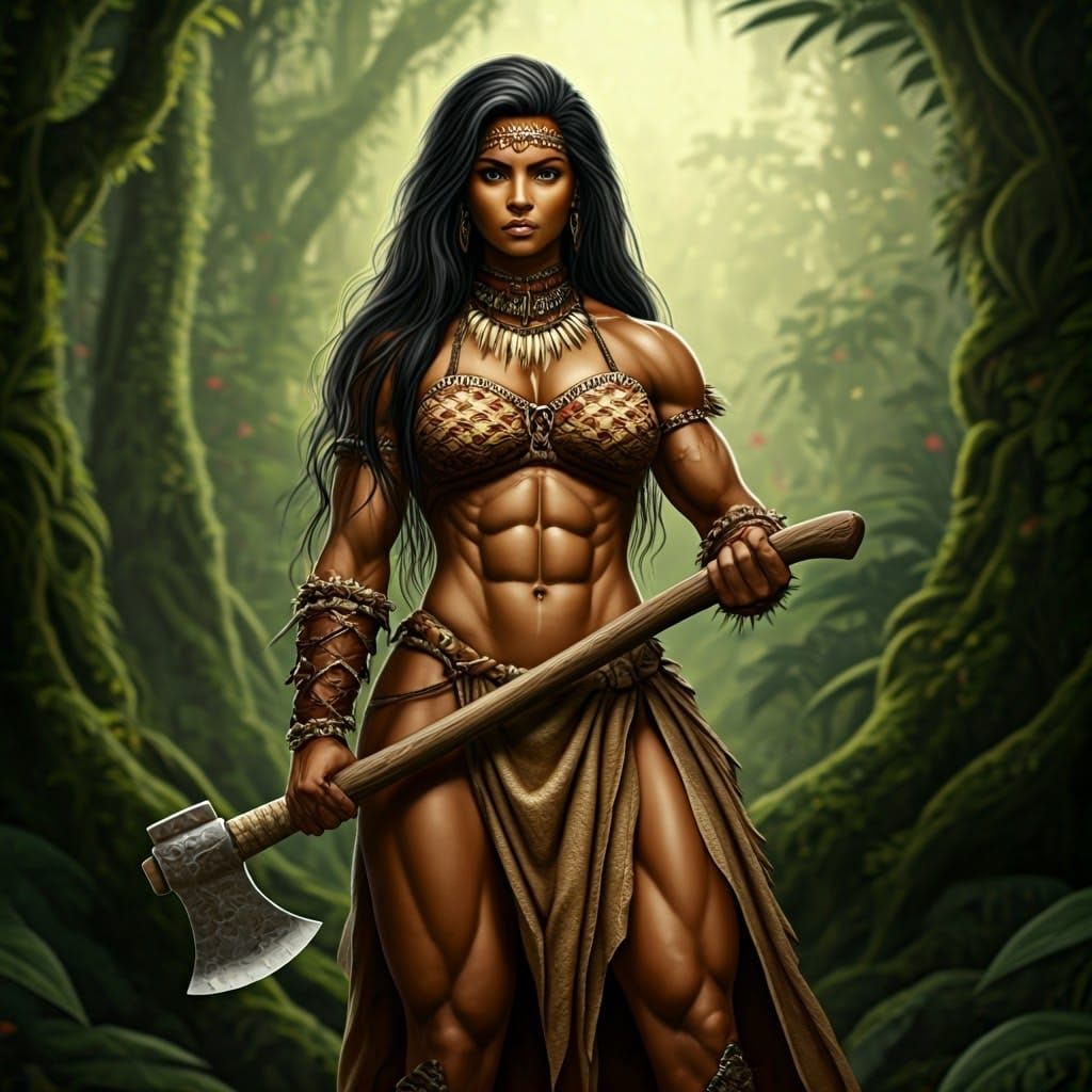 Stoic Amazon Warrior in Earthy Jungle Attire
