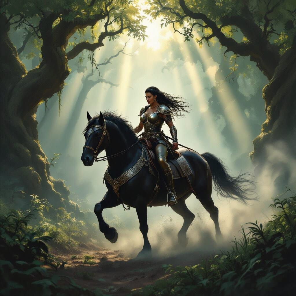 Xena Warrior Princess Rides Through Misty Ancient Forest