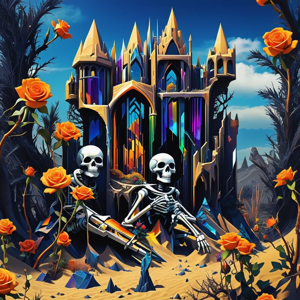 Vibrant Cyberpunk Sand Dunes with Cubist Skeltons and Mirror...