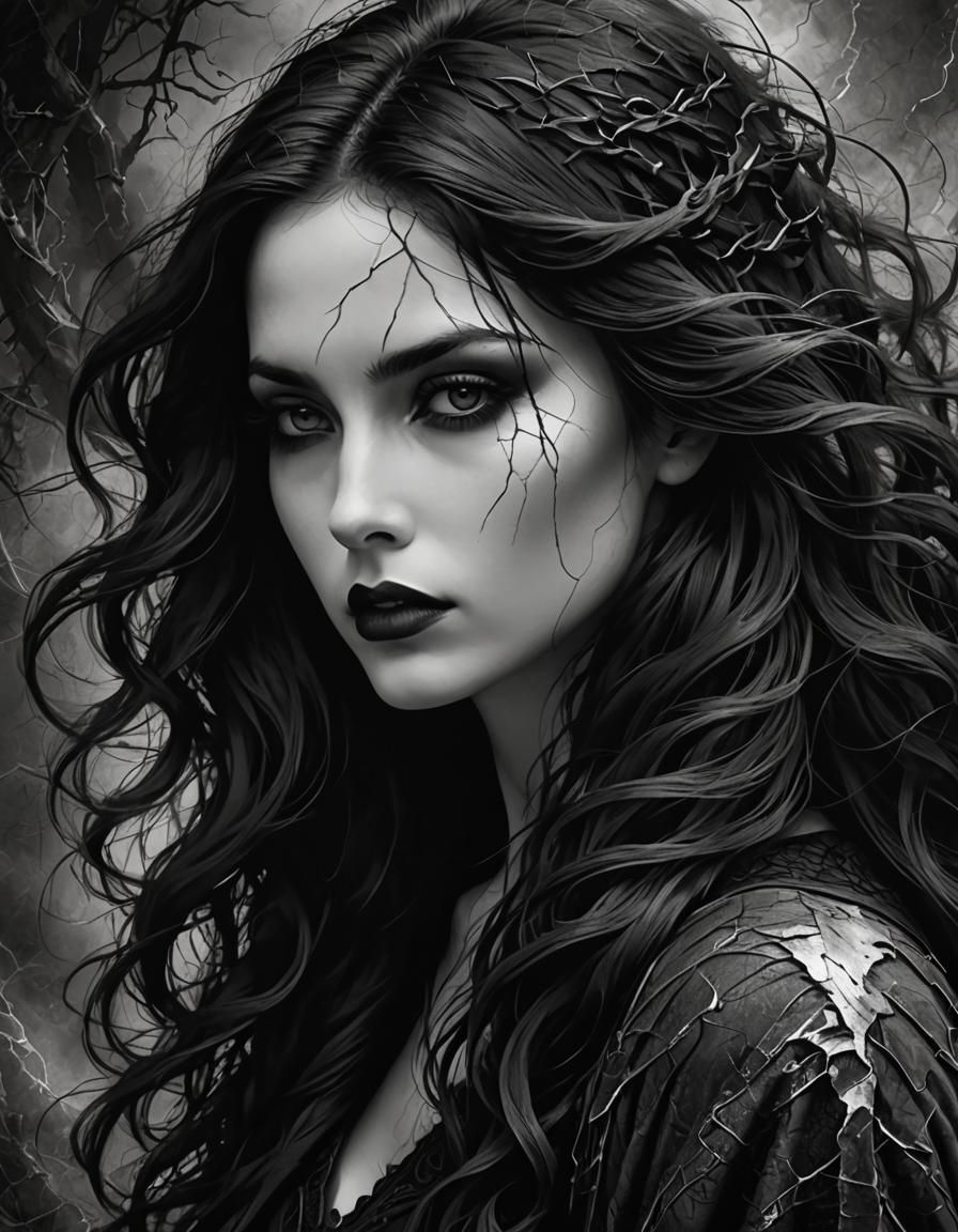 black and white digital art, crosshatch shading techniques, mysterious goth stunning lady with dark flowing preraphaelit...