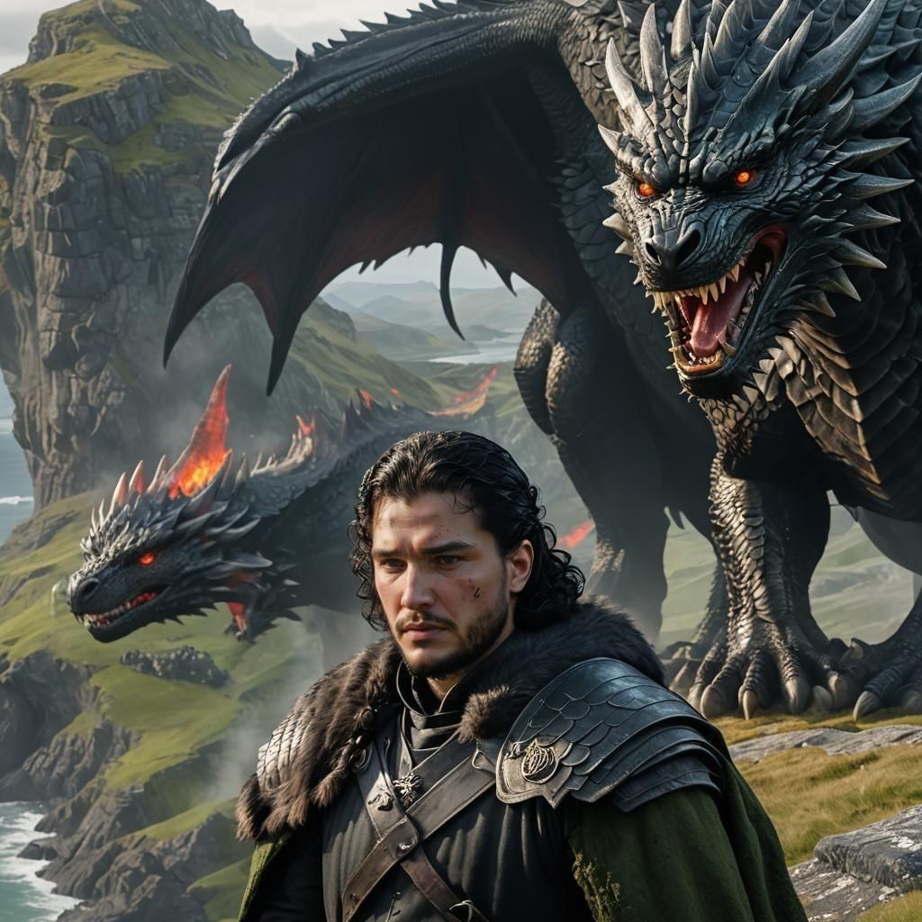Epic Clifftop Portrait of Jon Snow with Majestic Drogon in T...
