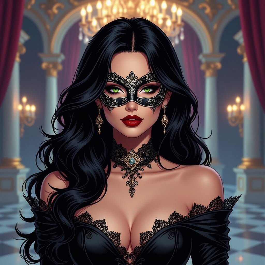 Goth Woman in Masquerade Mask at Palace Ball