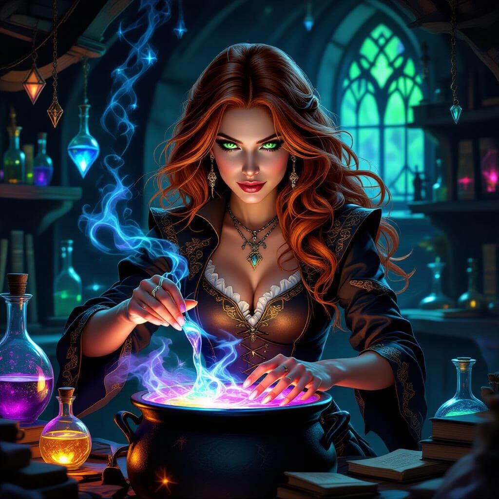 Sorceress Crafts Shimmering Potion in Enchanted Workshop