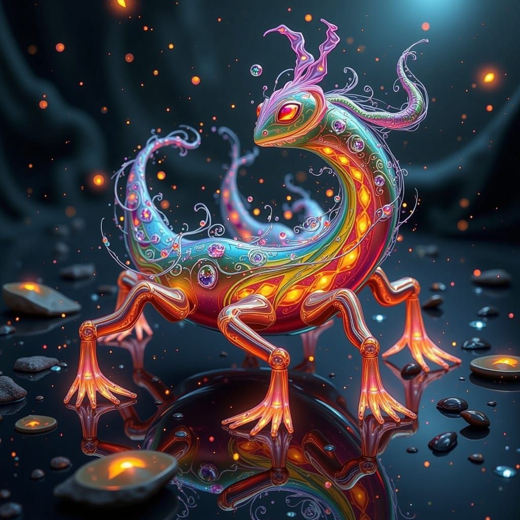Molten Crystal Salamander Spirit in Ethereal Landscape