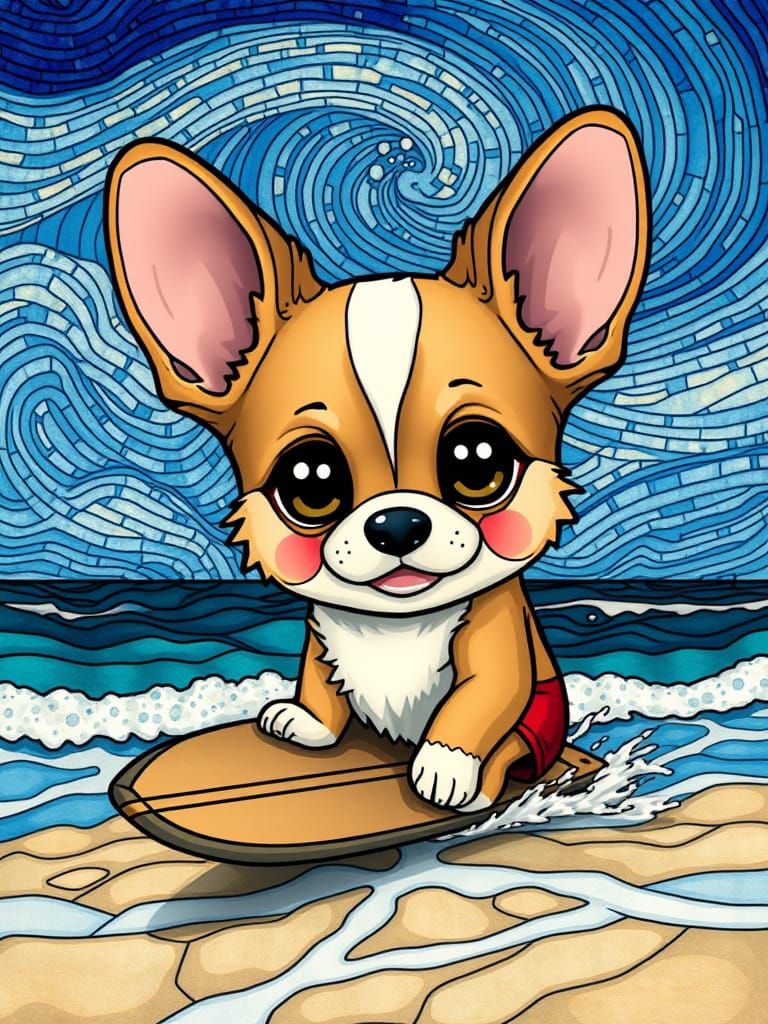 Kawaii Corgi Surfer in Van Gogh Style