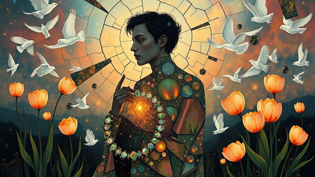 Opal Man with Iridescent Tulips, Ethereal Art