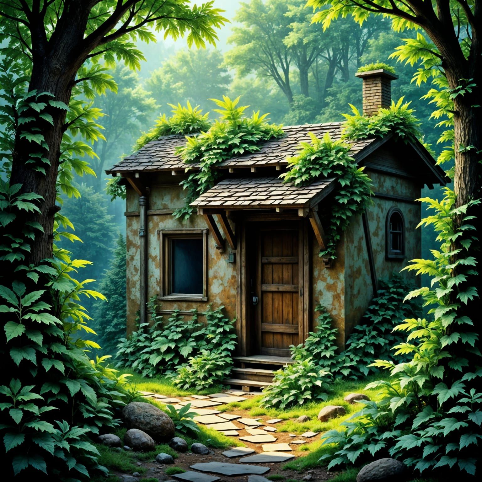 Cozy Rundown Shack Nestled in a Vibrant Forest Landscape in...