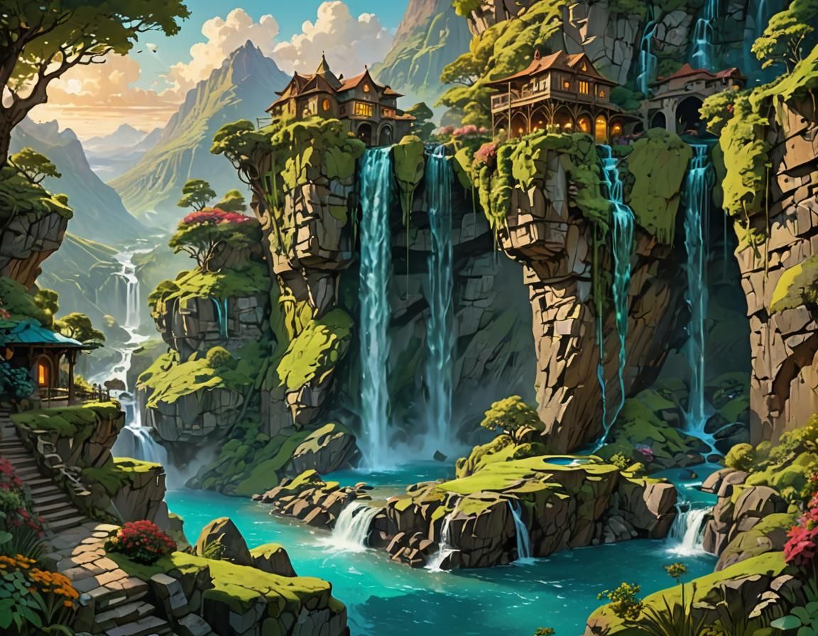 Surreal Cliffside Oasis with Futuristic Architecture