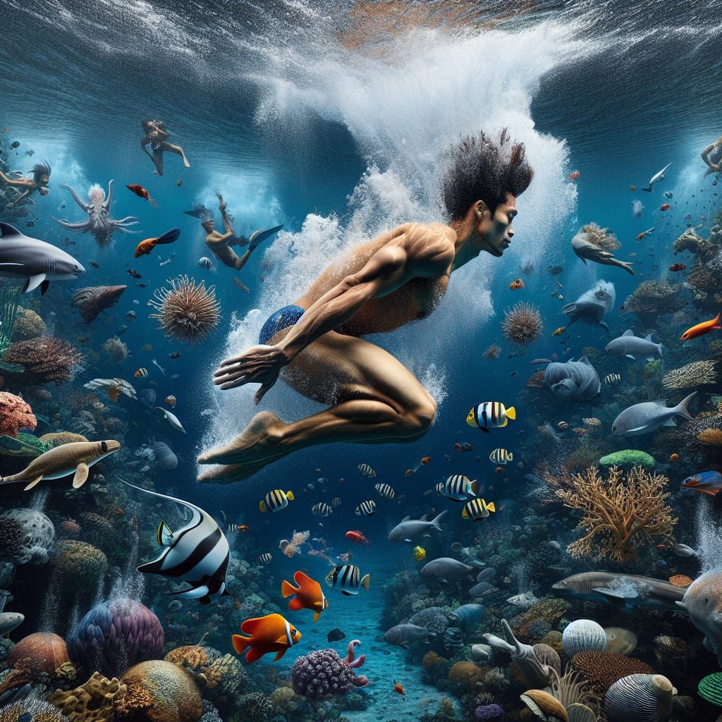 Olympic Diver Submerged in Tropical Ocean